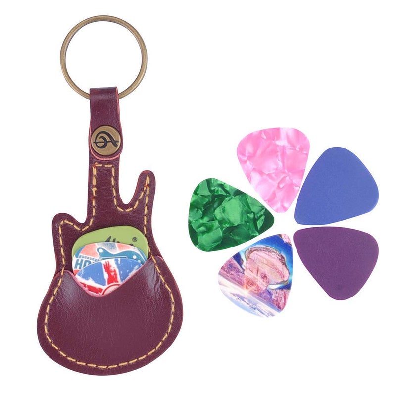 KingPoint Leather Guitar Picks Case with Keychain & 5 Pcs Plectrums - Coffee Color - Image 2